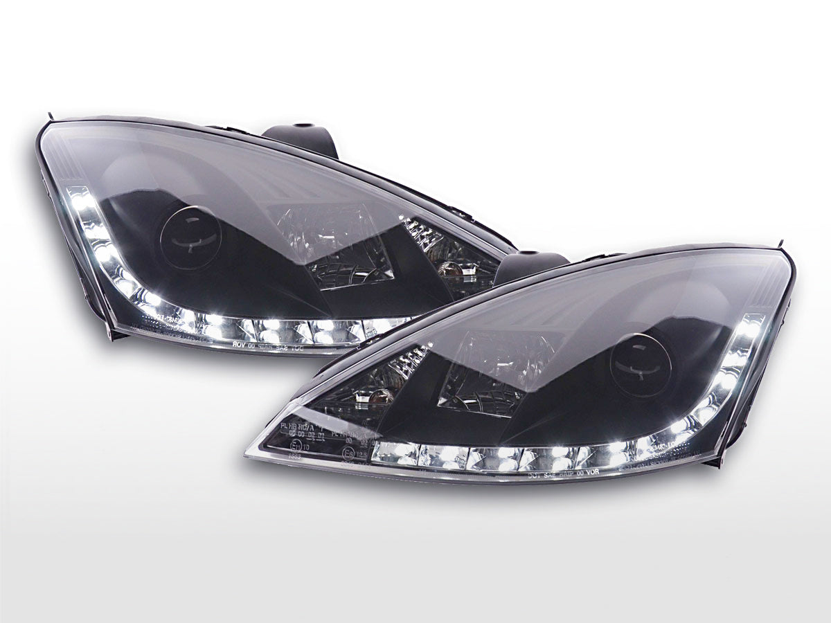 Scheinwerfer Set Daylight LED Tagfahrlicht Ford Focus 1 C170 schwarz Scheinwerfer Set Daylight LED Tagfahrlicht Ford Focus 1 C170 schwarz